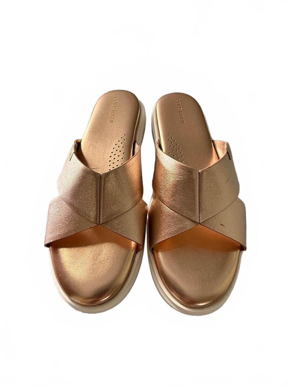 Cole Haan GrandPro Rally Crisscross Slide Sandals Rose Gold Metallic Leather